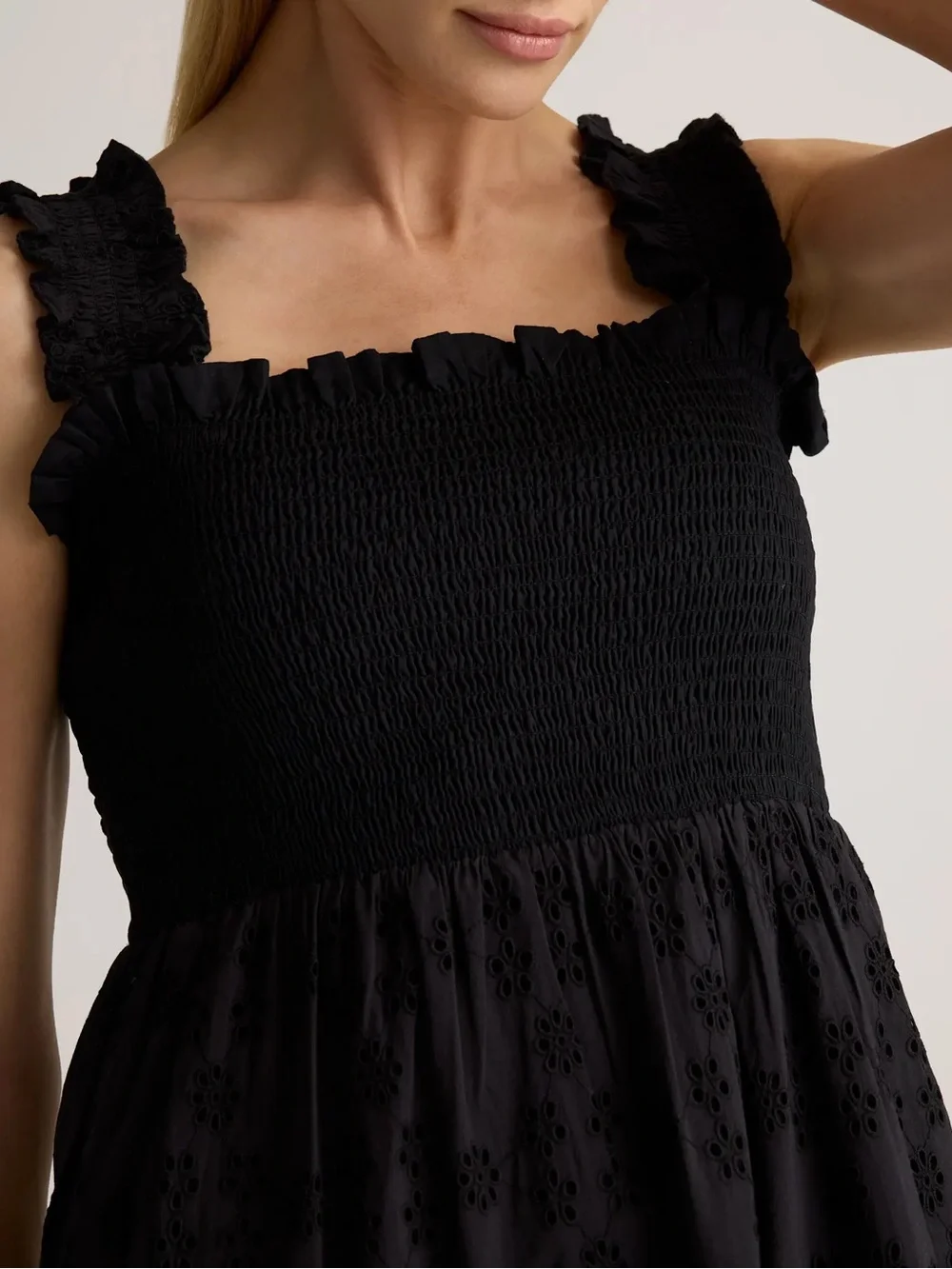 Quince Black Eyelet Smocked Midi Dress